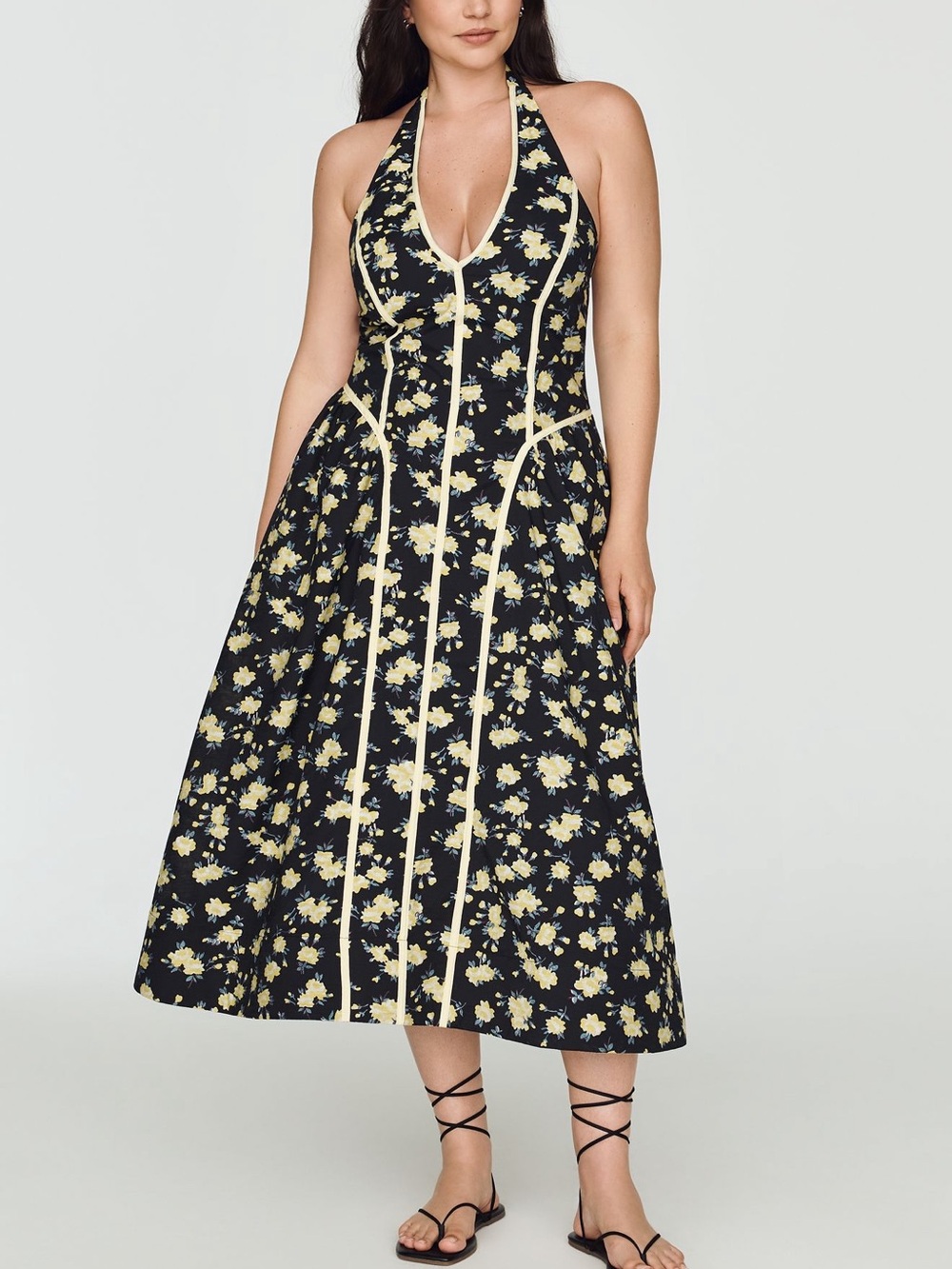 Halter Midi Dress in Black with Yellow Floral Anthropologie Maeve
